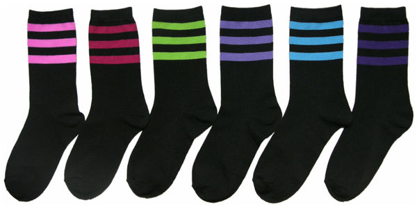 women's-novelty-crew-socks---black-w/-neon-stripes-prints---size-9-11