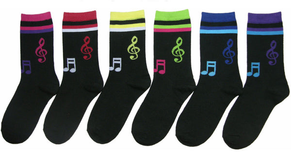 women's-novelty-crew-socks---black-w/-neon-musical-prints---size-9-11