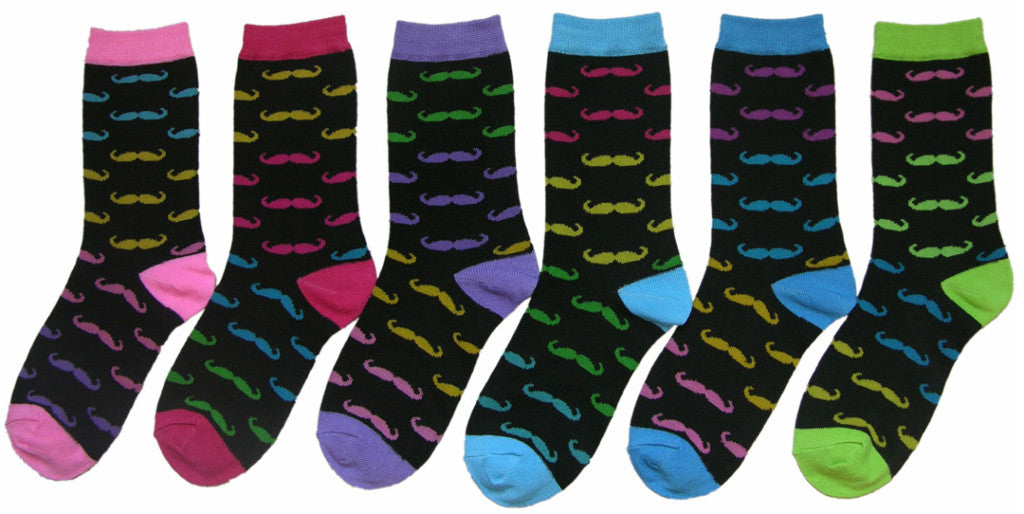 women's-novelty-crew-socks---black-w/-neon-mustaches-prints---size-9-11