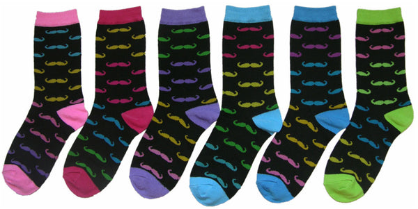 women's-novelty-crew-socks---black-w/-neon-mustaches-prints---size-9-11