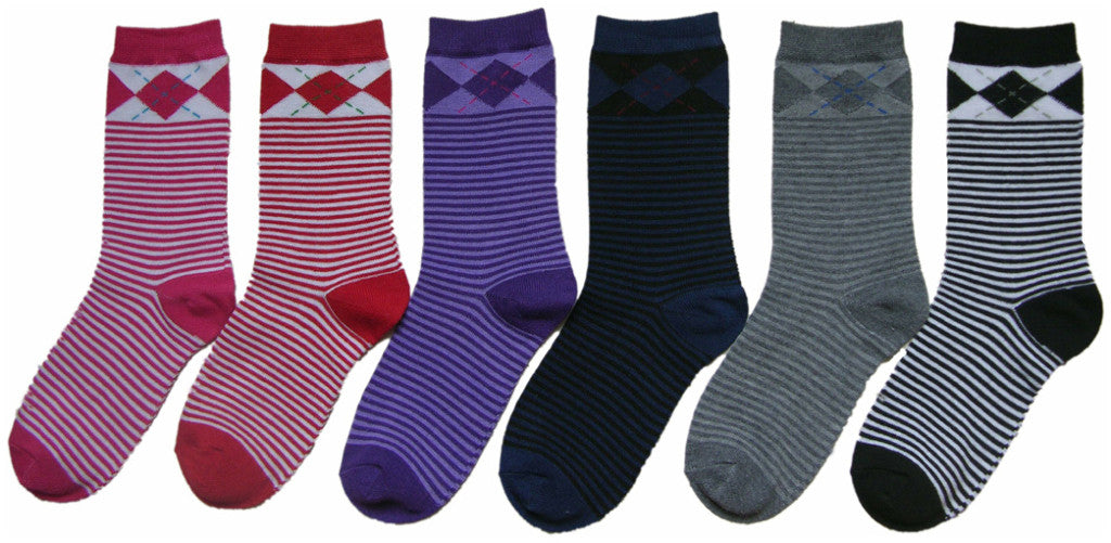 women's-novelty-crew-socks---stripes-w/-argyle-tops-prints---size-9-11