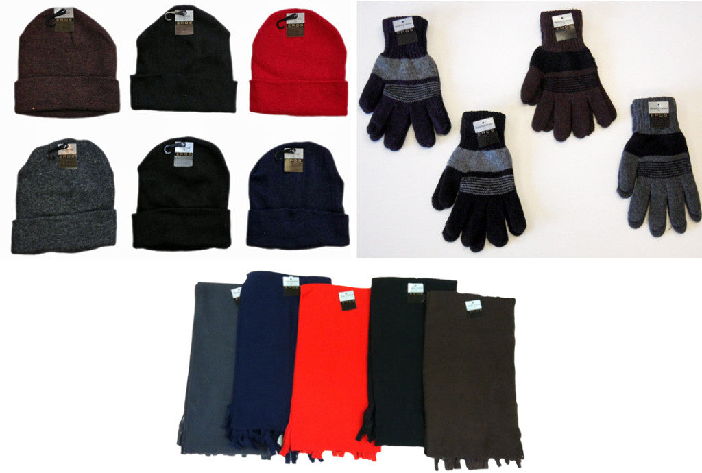 cuffed-winter-knit-hats,-men's-knit-gloves,-and-assorted-scarves