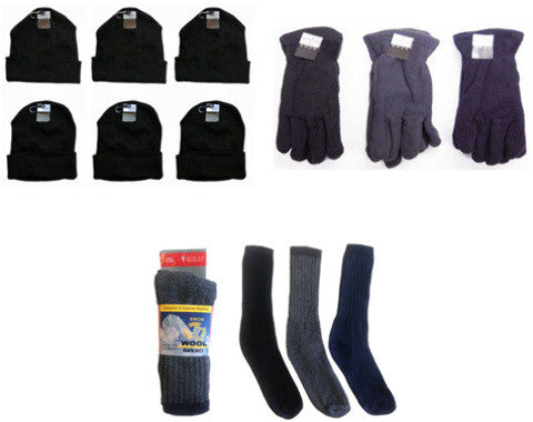 adult-cuffed-knit-hats,-men's-fleece-gloves,-and-wool-blend-socks-combo