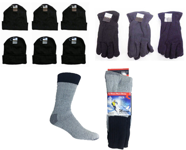 adult-cuffed-knit-hats,-men's-fleece-gloves,-and-merino-wool-blend-socks-combo