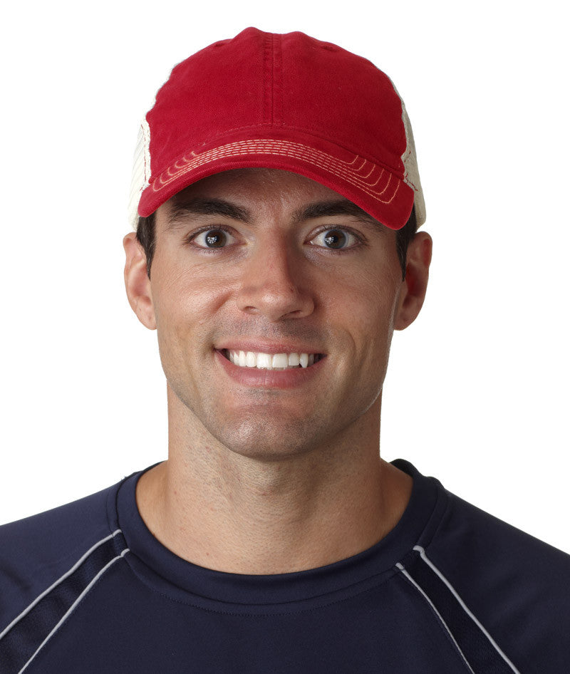 ultraclub(R)-classic-cut-washed-brushed-cotton-twill-unconstructed-trucker-cap----red/stone-(one)