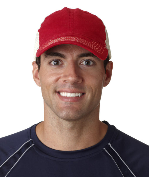 ultraclub(R)-classic-cut-washed-brushed-cotton-twill-unconstructed-trucker-cap----red/stone-(one)