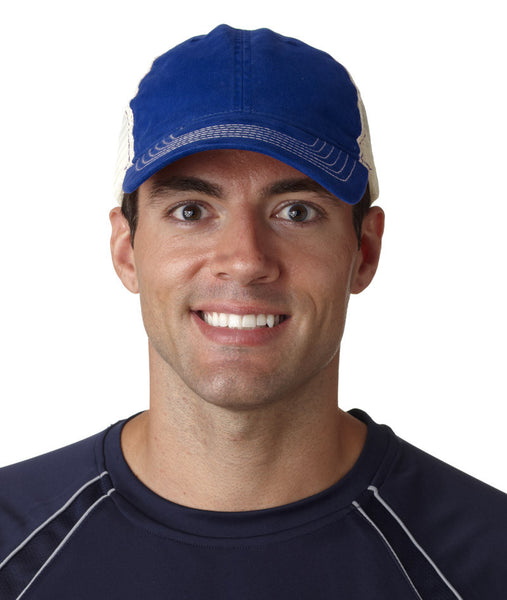 ultraclub(R)-classic-cut-washed-brushed-cotton-twill-unconstructed-trucker-cap----royal/stone-(one)