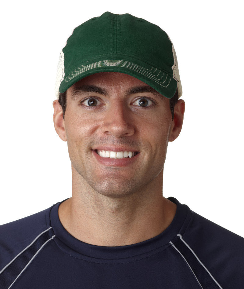 ultraclub(R)-classic-cut-washed-brushed-cotton-twill-unconstructed-trucker-cap----forest/stone-(one)