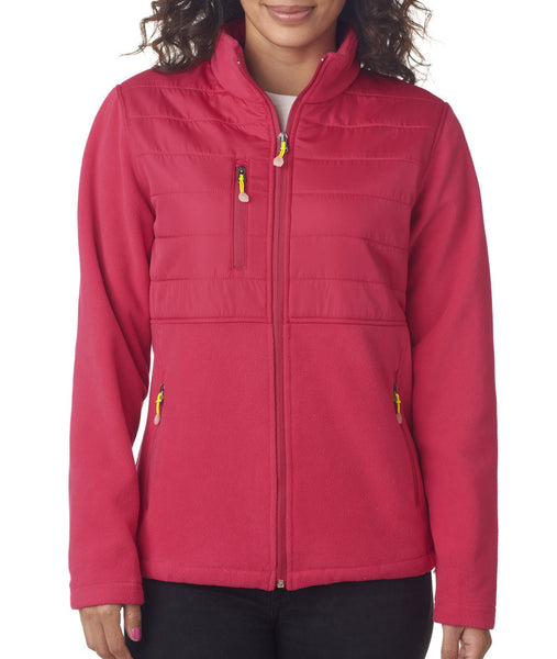 ultraclub-ladies'-fleece-jacket-with-quilted-yoke-overlay----raspberry-(m)