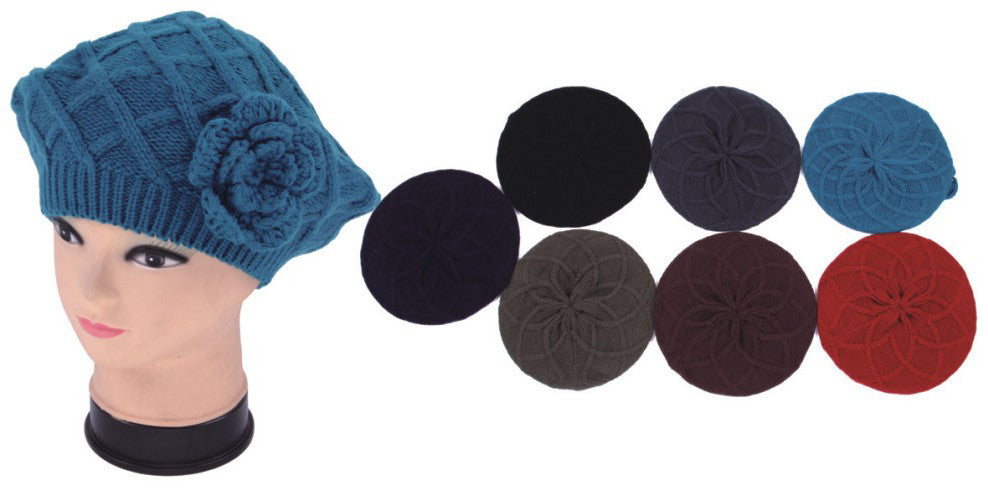 crochet-beret-hats-w/-flower-adornment