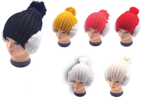 knit-beanie-hats-w/-earmuffs-&-pompoms