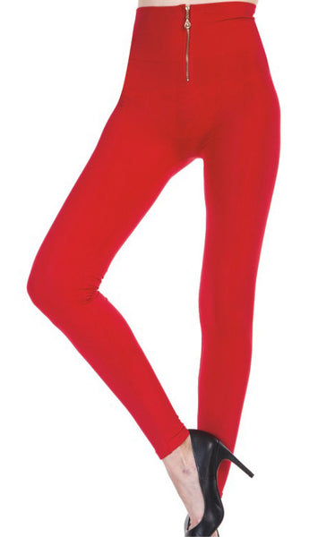 women's-high-waisted-leggings-w/-zipper---red
