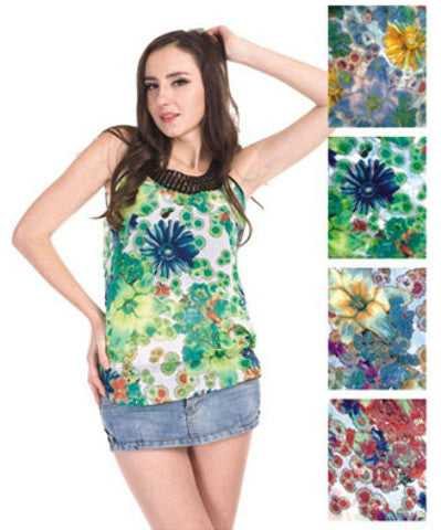 women's-sleeveless-tops---colored-floral-prints