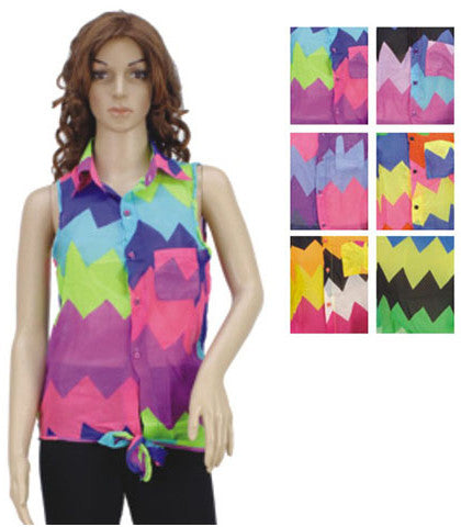 women's-sleeveless-button-up-tops---zig-zag-colorful-prints