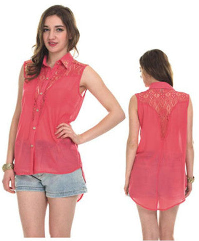 women's-sleeveless-button-up-lace-top-tops---solid-colors