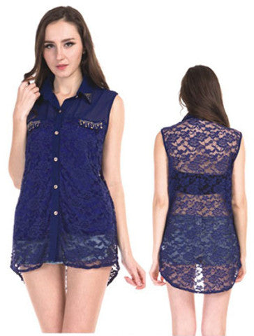 women's-sleeveless-button-up-lace-tops---solid-colors