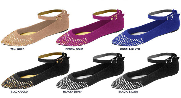 ladies-microsuede-pointed-flats-with-ankle-strap-&-heat-seals