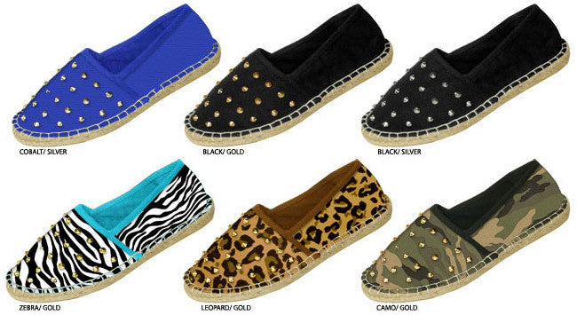 ladies-solid-&-printed-canvas-slip-on's-with-spike-studs-&-espadrille-bottom