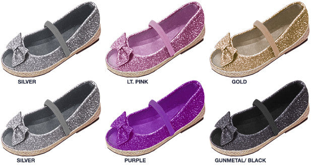 toddler-glitter-peep-toe-flats-with-elastic-strap,-matching-bow-&-espadrille-bottom