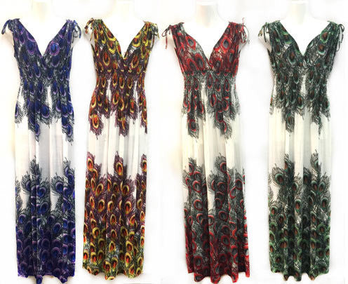 long-dress-v-neck-peacock-print-assorted-colors