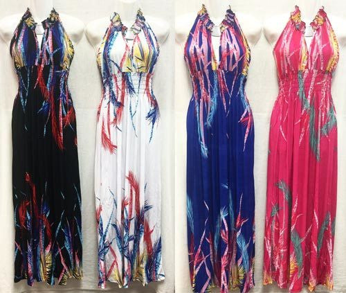 women's-long-feather-printed-dresses-assorted