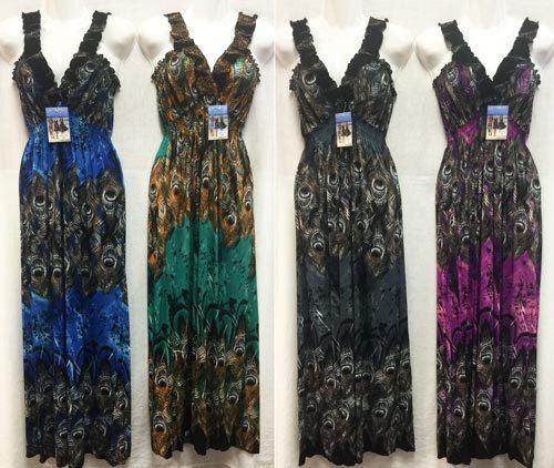 women's-peacock-print-long-ruffle-neck-dresses-assorted