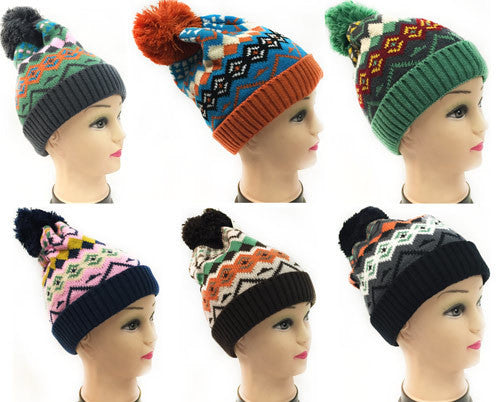 women-knit-winter-hat-geometric-pattern-w/pompom